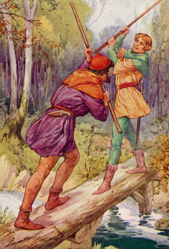 Robin Hood a Malý John (barevná litografie) od Harry George Theaker