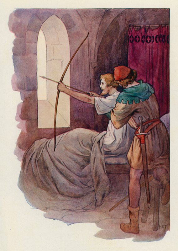 Robin, sedící v posteli, vystřelil šíp do zeleného lesa za zdí opatství (barevná litografie). od Harry George Theaker