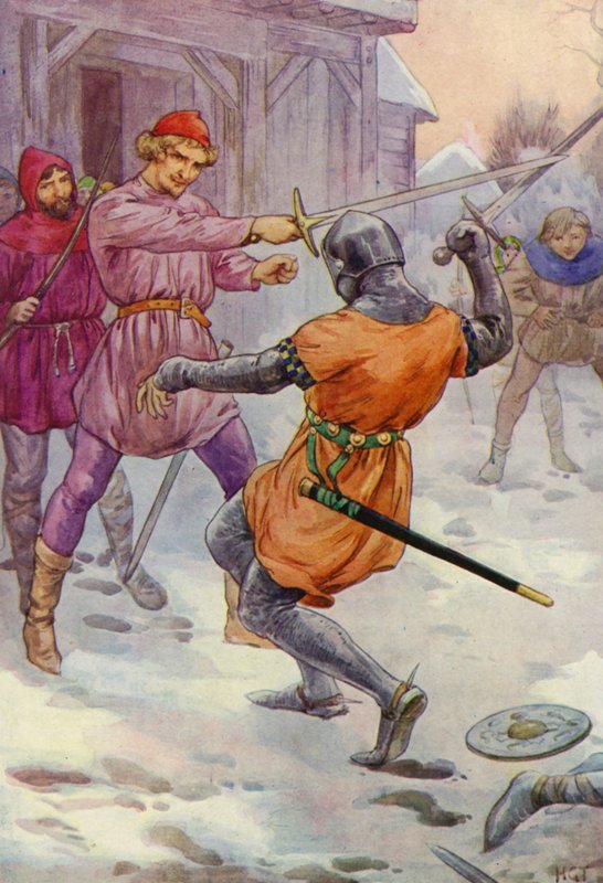 Robin ho obešel a udeřil, kam chtěl (barevná litografie). od Harry George Theaker