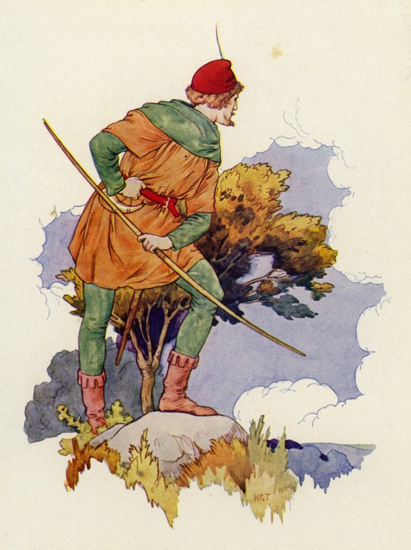 Robin zpovzdálí sleduje shromáždění na Guyově statku (barevná litografie) od Harry George Theaker