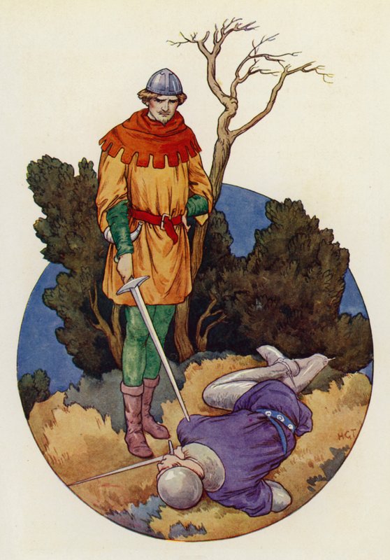 Robin udeřil domů a jednou velkou ranou usmrtil Guye z Gisbornu (barevná litografie). od Harry George Theaker