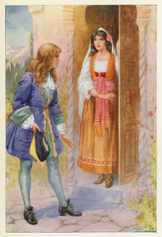 Ruyz de Alarcon a růže z Alhambry (barevná litografie) od Harry George Theaker