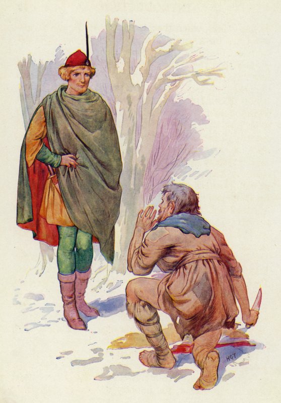 Sebald se mu postavil se zdviženým nožem a hrůzou ve vychrtlé tváři (barevná litografie). od Harry George Theaker