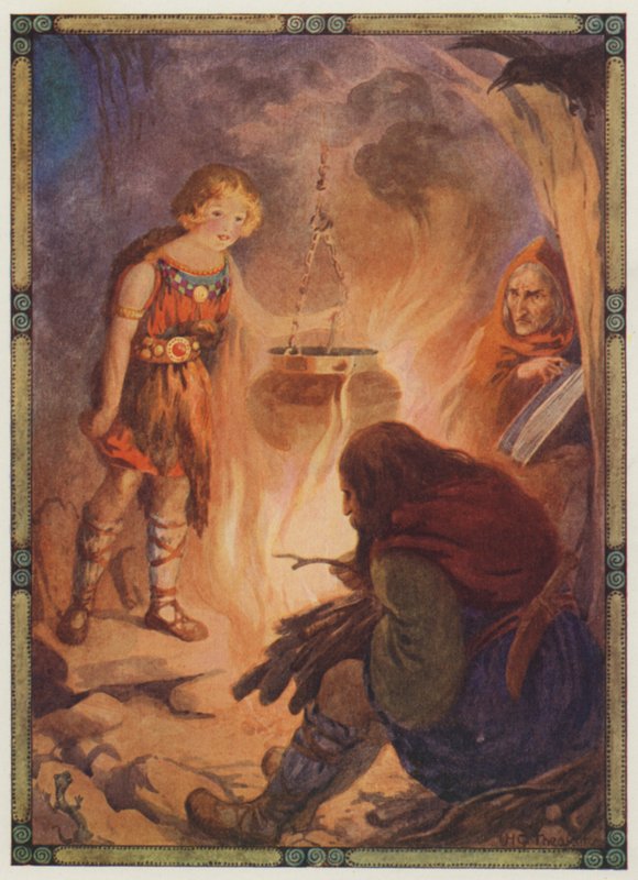 "Našla vše, jak má být", Taliesin (barevná litografie) od Harry George Theaker