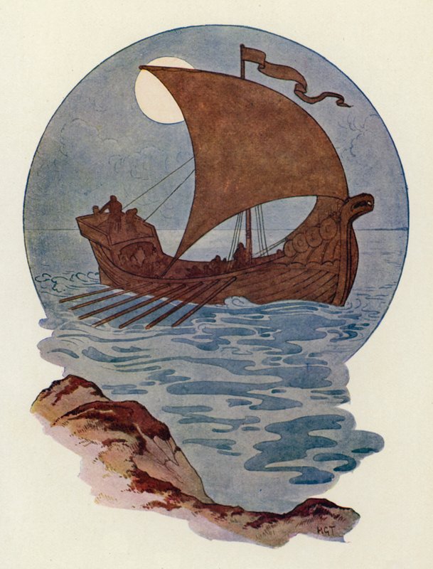 Byla postavena jako severská válečná loď (barevná litografie). od Harry George Theaker