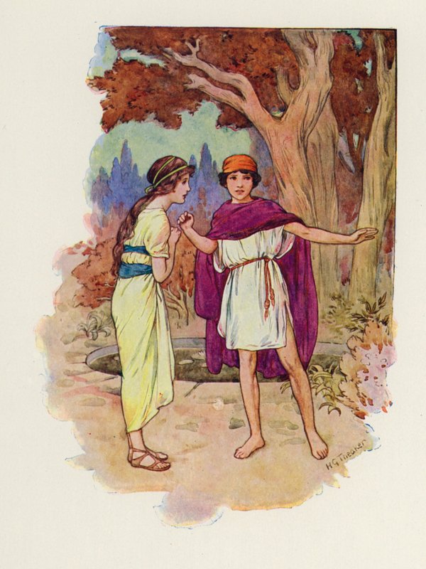 Odpověděla by: "Ano, jsem si jistá, že se vrátí." (barevná litografie) od Harry George Theaker
