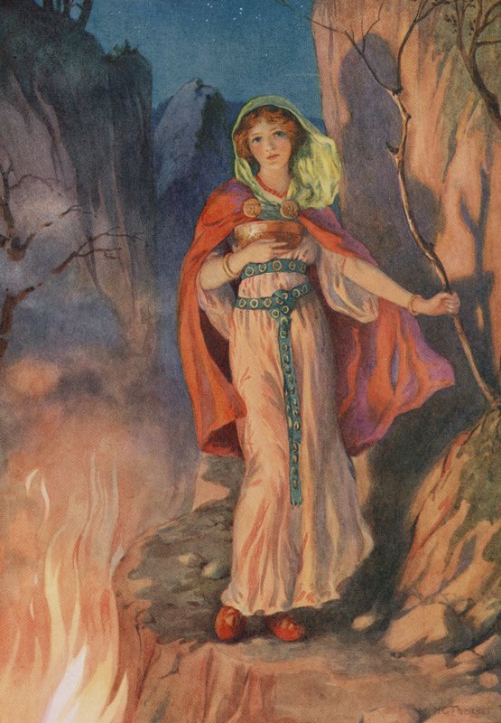 Sigyn, z knihy "Zkáza Lokiho a jeho dětí" (barevná litografie) od Harry George Theaker
