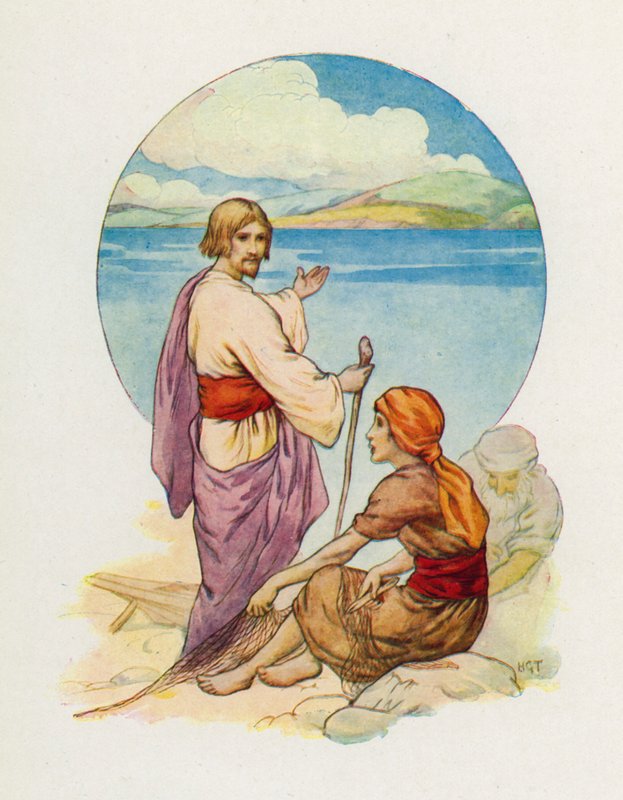 "Šimone Petře a Ondřeji, pojďte! Následujte mě!" (barevná litografie) od Harry George Theaker
