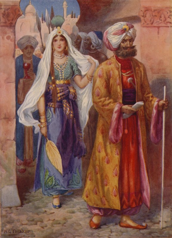Sindibád přináší dary chalífovi (barevná litografie) od Harry George Theaker
