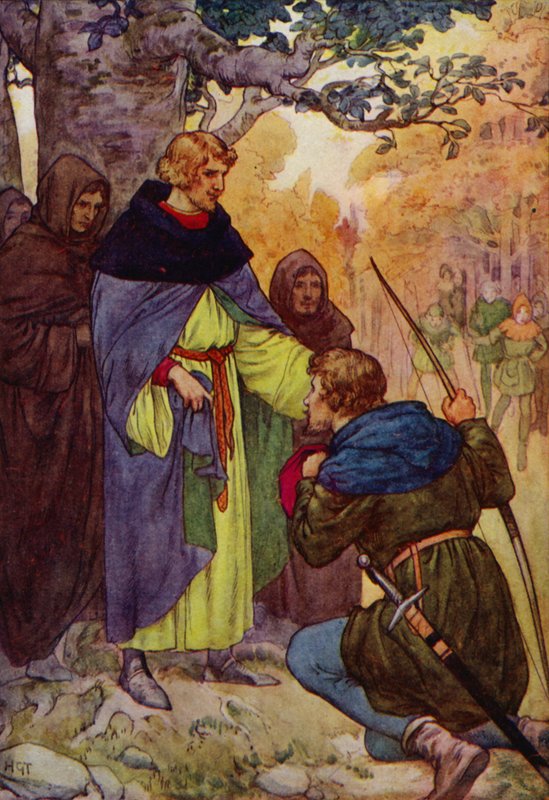 "Pane," řekl Robin a padl na kolena, "my ze Sherwoodu žádáme o královskou milost." (barevná litografie) od Harry George Theaker
