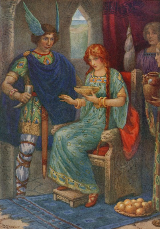 Skyrnir a Gerda, z knihy "Frey a Gerda" (barevná litografie) od Harry George Theaker
