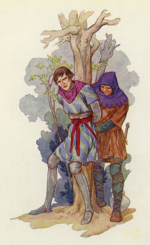 "Sundej mu ten železný hrnec z hlavy," zvolal Robin, "a přivaž ho ke stromu." (barevná litografie) od Harry George Theaker