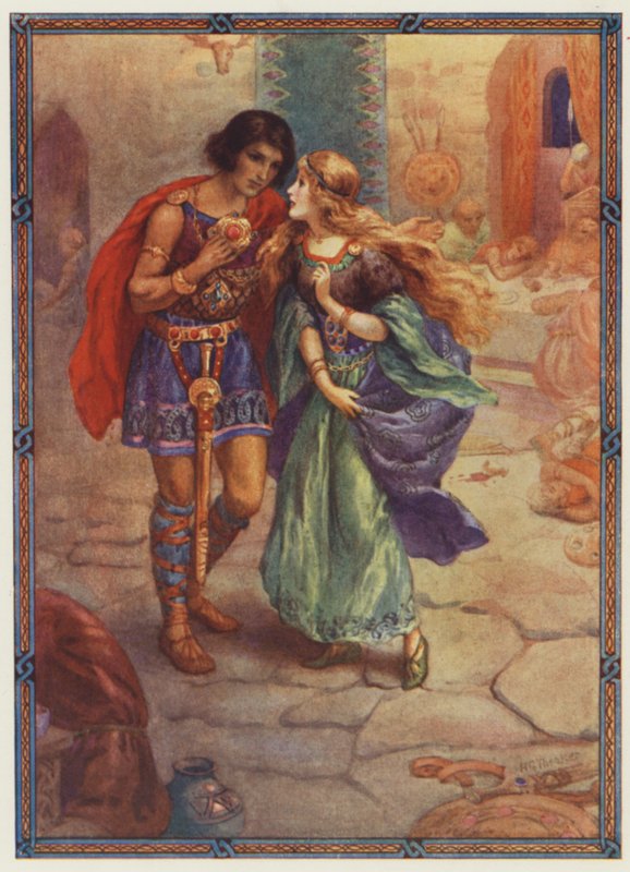 "Vezmi si mě za ženu!", Diarmuid a Grania (barevná litografie) od Harry George Theaker