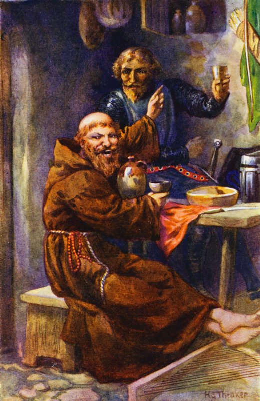 Černý rytíř si užívá pohostinnosti veselého poustevníka (barevná litografie) od Harry George Theaker