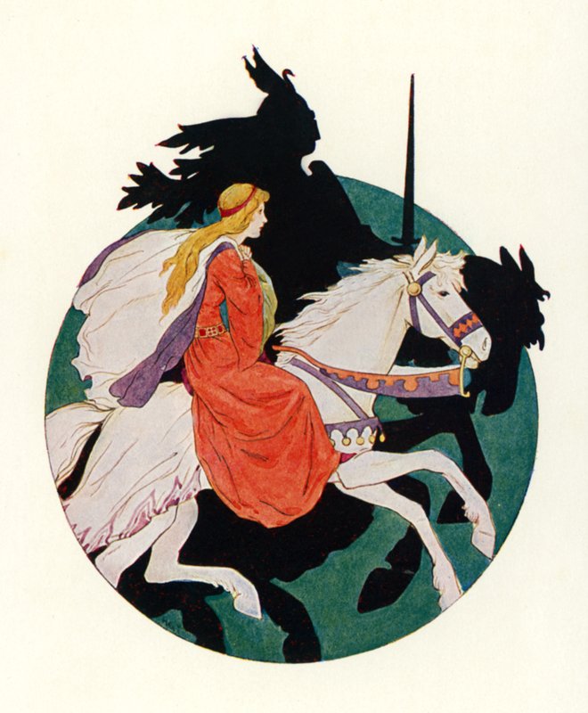 Černý rytíř odjíždí s dívkou (barevná litografie) od Harry George Theaker