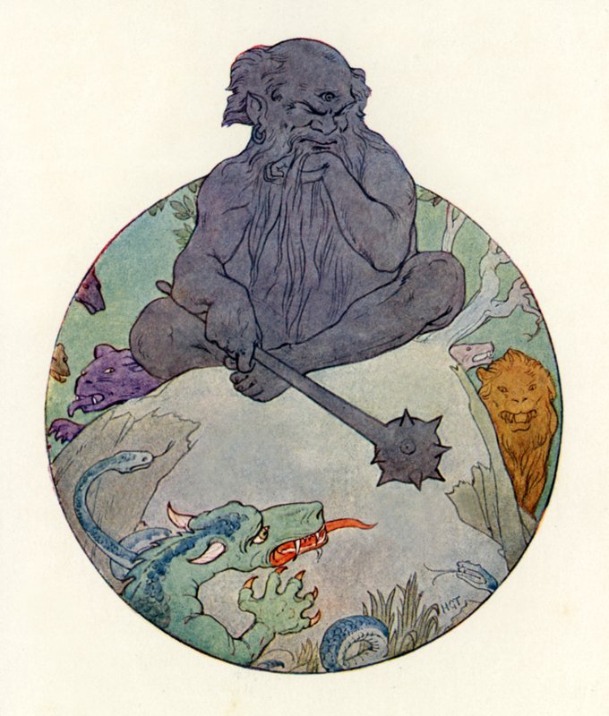Velký černý obr se zamračil na sira Gawaina (barevná litografie) od Harry George Theaker