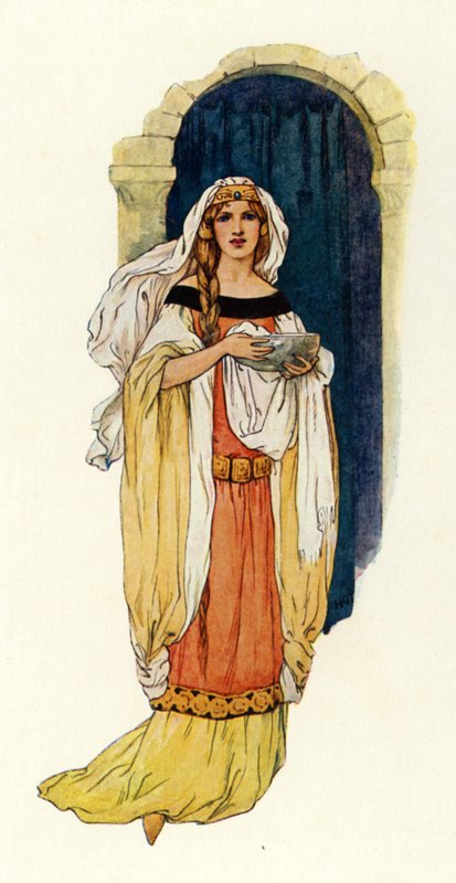 Princezna Guinevera přináší vodu ve stříbrné míse (barevná litografie) od Harry George Theaker