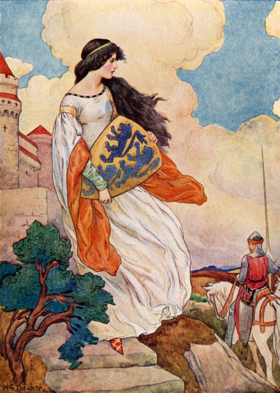 Princezna Iseult se štítem sira Tristrama z Lyonesse (barevná litografie) od Harry George Theaker