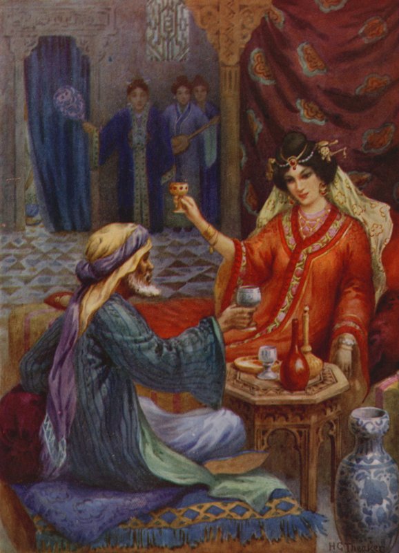 Princezna a kouzelník (barevná litografie) od Harry George Theaker
