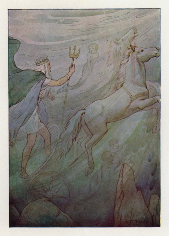 Mořský král ve svém třpytivém voze taženém zelenými koňmi (barevná litografie) od Harry George Theaker