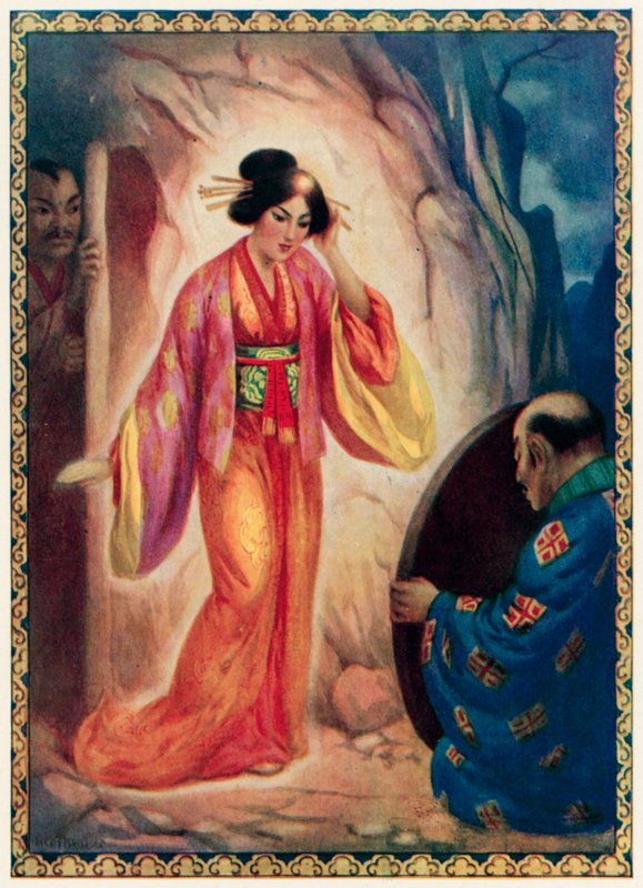 Bohyně slunce se vidí v zrcadle (barevná litografie) od Harry George Theaker
