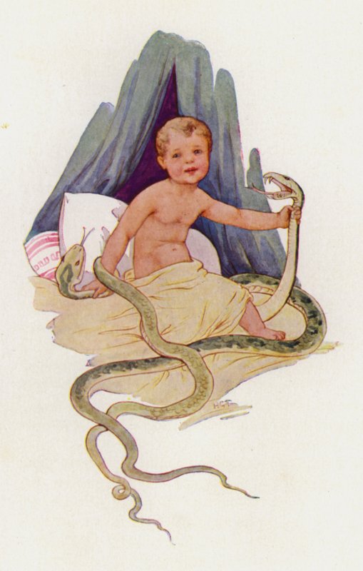 Malý Herkules škrtící hady (barevná litografie) od Harry George Theaker