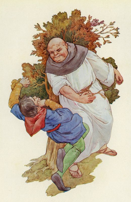 Rána dopadla se silným plesknutím a poslala Muche v celé délce na trávu (barevná litografie). od Harry George Theaker