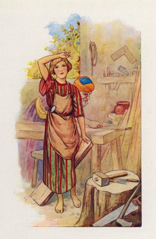 Chlapec Ježíš se začal učit tesařskému řemeslu (barevná litografie) od Harry George Theaker