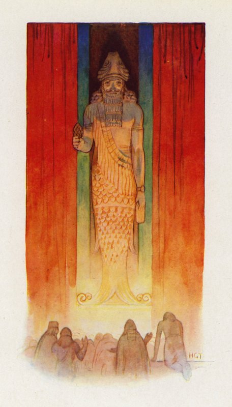 Hlavním bohem Filištínů byl bůh ryb (barevná litografie). od Harry George Theaker