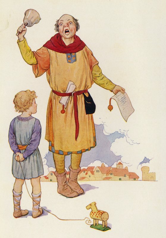 Hlasatel oznámil novinu a celé město se rozburácelo vzrušením (barevná litografie). od Harry George Theaker
