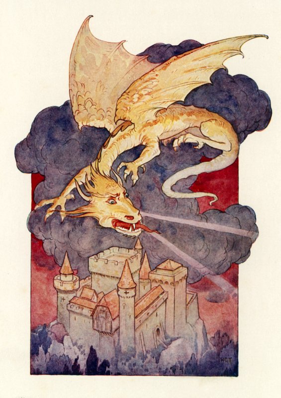 "Drak roztáhl křídla a visel nad hradem" (barevná litografie). od Harry George Theaker