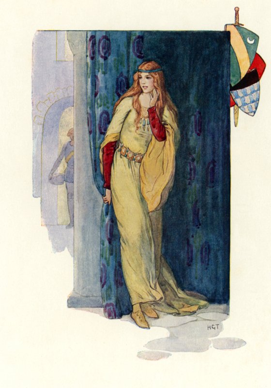 Němá panna se schovává za závěsem (barevná litografie) od Harry George Theaker