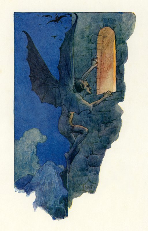 Pohádkový muž vklouzl dovnitř otevřeným oknem (barevná litografie) od Harry George Theaker