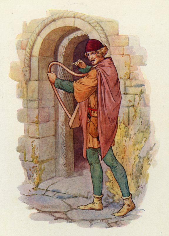 Sláva Robina Hooda se roznesla po celém Středozemí, dokonce až do samotného Londýna, a o jeho činech se začaly zpívat balady (barevná litografie). od Harry George Theaker