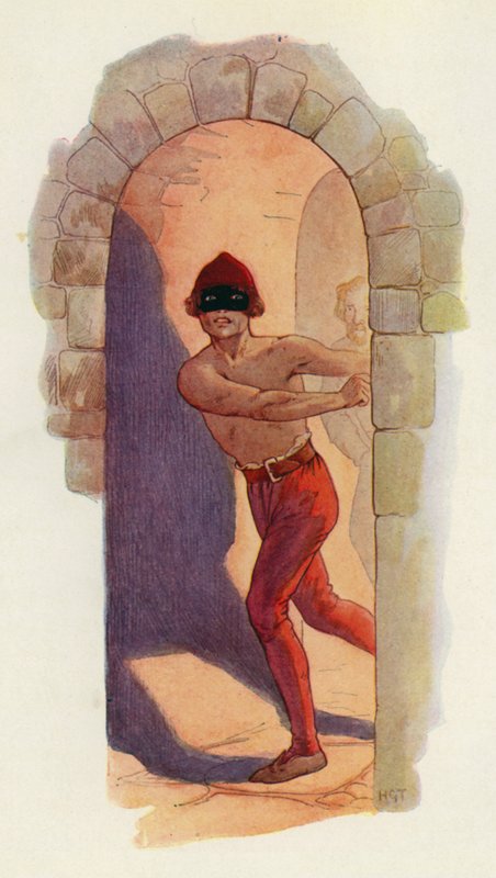První z nich byl od pasu nahoru nahý a měl černou masku (barevná litografie). od Harry George Theaker