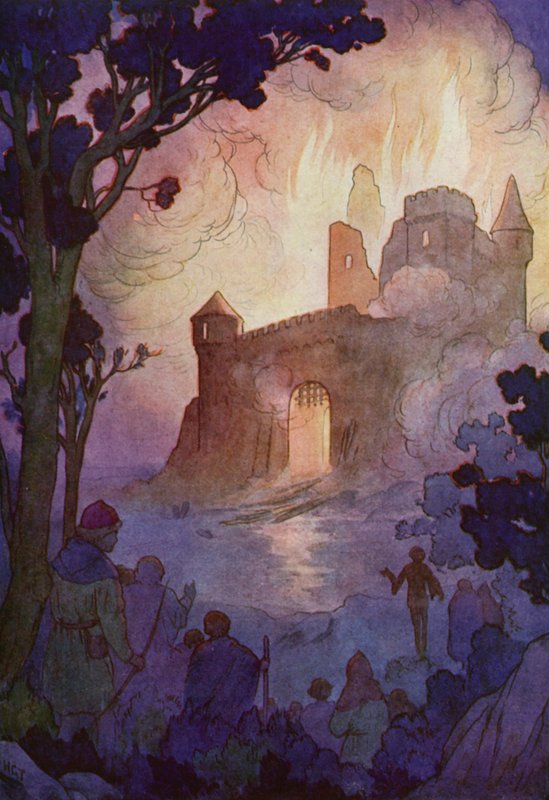 Velká pevnost vzplála, ohnivý sloup byl vidět na míle daleko (barevná litografie). od Harry George Theaker