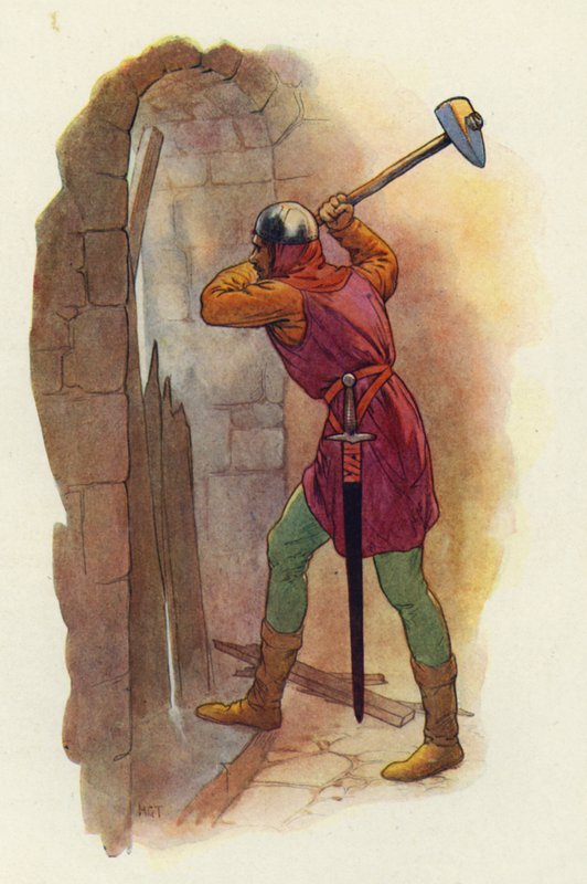 Kladivo se znovu rozmáchlo a druhou ránou jim otevřelo cestu ven (barevná litografie). od Harry George Theaker