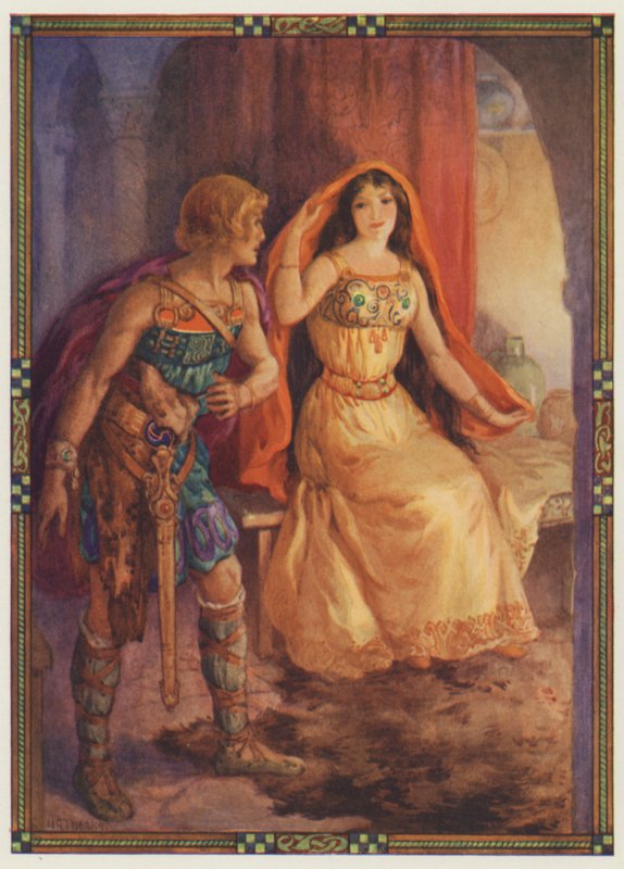 "Dáma si odkryla tvář", The Loathly Lady and the Gallant Knight (barevná litografie) od Harry George Theaker