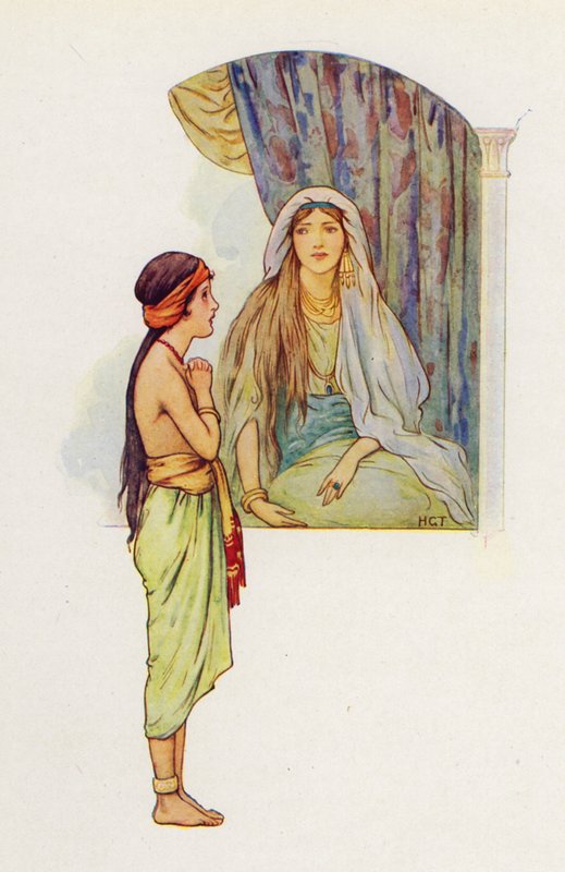 Malá zajatá služka řekla své paní, že v Samaří je prorok, který vyléčí Naamána z malomocenství (barevná litografie). od Harry George Theaker