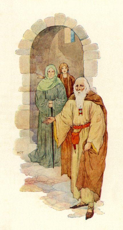 Stařec pozval rytíře do zničeného paláce (barevná litografie) od Harry George Theaker