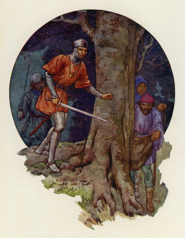 "Konečně zločinci!" zvolal šerif a s taseným mečem se rozběhl k místu, kde postavy zmizely (barevná litografie). od Harry George Theaker