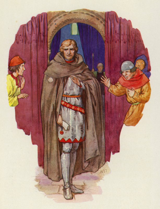 Palmer si odhrnul kápi, rozevřel plášť a ukázal se v plné zbroji (barevná litografie). od Harry George Theaker