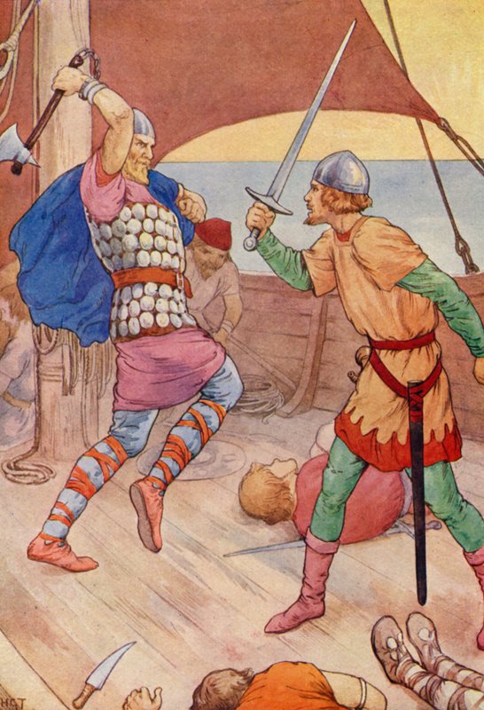 Náčelník pirátů vyskočil na Robina (barevná litografie) od Harry George Theaker