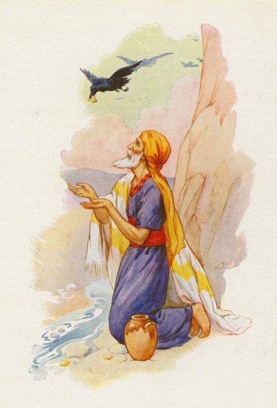 Krkavci přinesli Eliášovi chléb a maso (barevná litografie) od Harry George Theaker