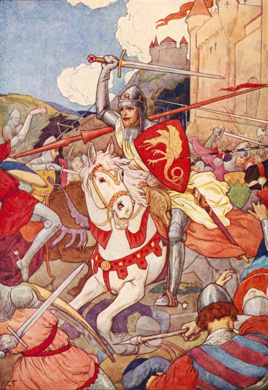 Podivný rytíř s blikajícím mečem (barevná litografie) od Harry George Theaker