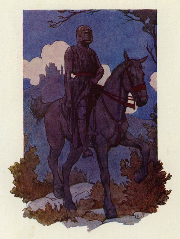 Přijel k nim podivný rytíř na velkém černém koni a celý v černém (barevná litografie). od Harry George Theaker