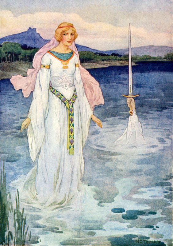 Meč a Jezerní paní (barevná litografie) od Harry George Theaker