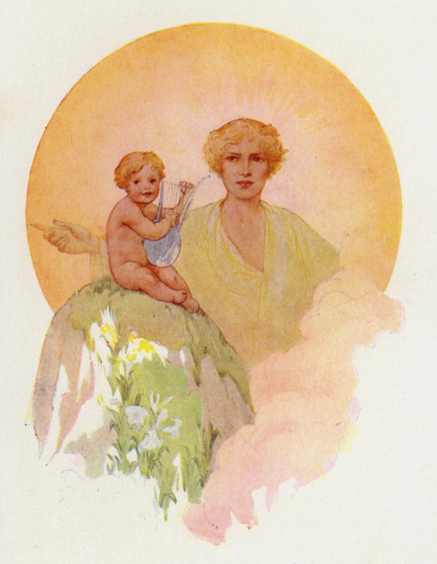Nádherné dítě udeřilo na stříbrné struny (barevná litografie) od Harry George Theaker