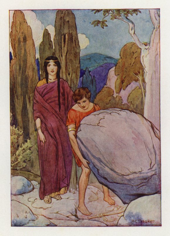 Theseus zvedá velkou skálu, pod níž leží meč a sandály (barevná litografie) od Harry George Theaker