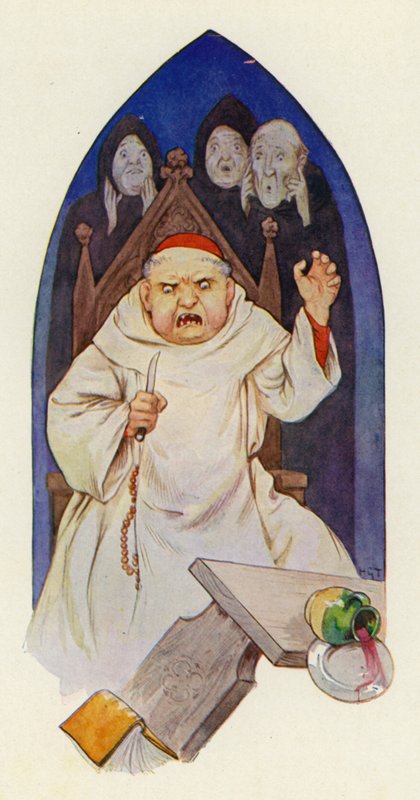 Říká se, že opat Hugo zuřil hněvem (barevná litografie). od Harry George Theaker